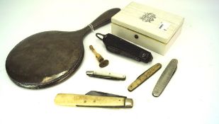 A silver backed mirror and an assortment of collectables, including penknives, fruit knives,