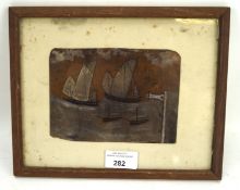 A small painted folk art panel, depicting four sailing boats at sea, 15cm x 11cm,