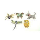 Five contemporary enamel brooches, modelled as a spider, butterfly, scottie dog,