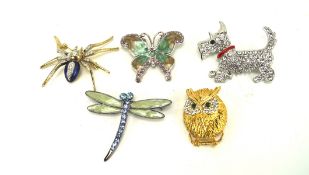 Five contemporary enamel brooches, modelled as a spider, butterfly, scottie dog,