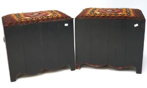 A pair of upholstered stools, the wooden frames painted purple with handles to either side,