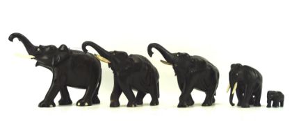 Five ebony elephant figures, of assorted sizes,