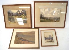 Four 20th century watercolours, depicting landscapes and harbour scenes, three signed 'P M Pearce',