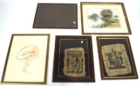 An assortment of pictures and prints, including a signed watercolour depicting a riverside scene,