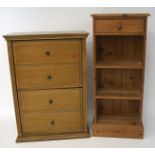 A pine bookshelf unit and a shoe cupboard,