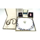 An assortment of silver and costume jewellery, including a turquoise set ring, necklace etc,