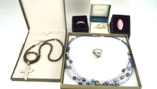 An assortment of silver and costume jewellery, including a turquoise set ring, necklace etc,