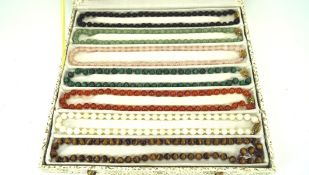 A box of seven silver clasp hardstone bead necklaces, to include tigers eye,