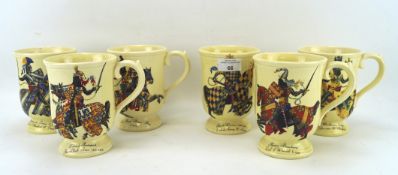 Six Sylvac tankards, each featuring an image of a historical figure dressed as a knight,
