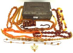 A collection of amber and amber coloured bakelite jewellery,