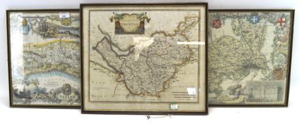 Three framed and glazed wall maps of Sussex, Middlesex and Chester, largest 45cm x 39cm,