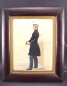 A watercolour of a gentleman dressed in a Victorian naval uniform, carrying a stick, 23cm x 30cm,