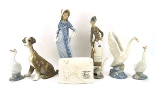 An assortment of Nao and Lladro figures, including geese, two women, a dog etc, max H30.
