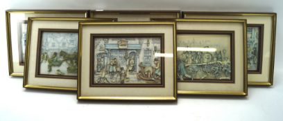 Six Anton Pieck relief pictures, each depicting 19th century continental scenes,