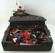 An assortment of 1970s Palitoy Action Man collectables, including a tank, figures,