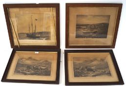 Four pictures and prints, two depicting drawings of cattle, two photographs of ships and cityscapes,