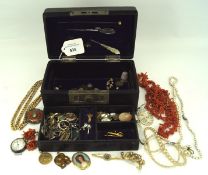 A box of vintage jewellery to include silver, including a emerald ring, a small yellow metal chain,