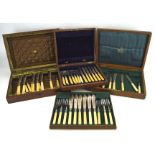 Three six piece canteens of cutlery, one an engraved Mappin & Webb example in oak case,