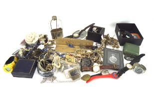 Assorted costume jewellery, a silver plate and glass hip flask,