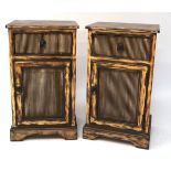 A pair of contemporary stained wooden bedside cabinets, each comprising a drawer above a cabinet,