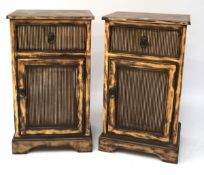 A pair of contemporary stained wooden bedside cabinets, each comprising a drawer above a cabinet,