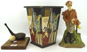 Three golf relating collectables, comprising a painted wooden bin,