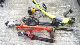 A quantity of gardening equipment including electric strimmers and a garden tiller etc.