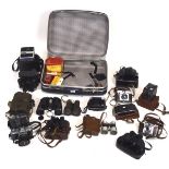 An assortment of cameras and binoculars, including Ilford sportsman,