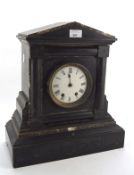 A late 19th century slate mantel clock, with marble inlaid decoration,