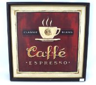 A vintage coffee advertising sign, reading 'Caffe Espresso, framed,