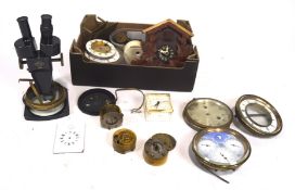 An assortment of clock parts and similar items, including a part cuckoo clock, Prior x 4.