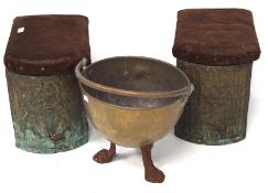 A late 19th/early 20th century brass and copper bucket and two embossed metal coal boxes with brown