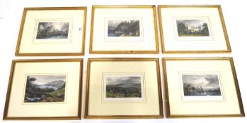 Six 19th century coloured lithographs, including 'Derwent Water & Lowdore, Cumberland',