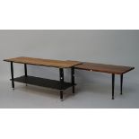 Two retro coffee tables, the larger being two tiered, both on rounded supports,