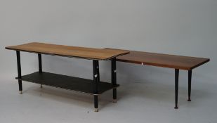 Two retro coffee tables, the larger being two tiered, both on rounded supports,