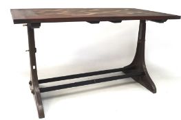 An industrial adapted oak and teak dining table, of rectangular form,