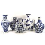 Five contemporary blue and white Chinese ceramic vases, including three moon flasks,