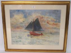 An Odilon Redon print, depicting a boat at sea, 50cm x 67cm,