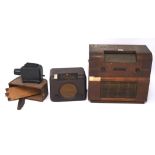 Two mid-century radios and an Agfa opticus 100 projector, one radio by Bush, in a bakelite case,