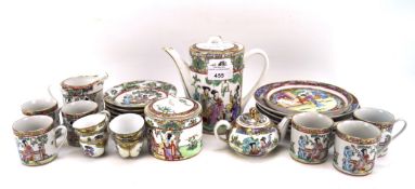 Two contemporary part Chinese tea services, including cups, saucers, coffee pot,