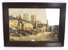 A print depicting Wells market, with the Cathedral in the background,