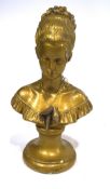 A 20th century gold painted plaster bust of a lady, raised upon a pedestal,