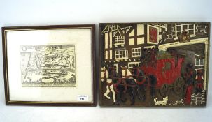 A painted resin tavern scene and a 20th century engraved map of Pescara, the latter framed,