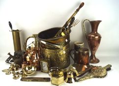 An assortment of metalware, including brass J Rabone and sons spirit level, water pouring vessel,