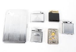 An assortment of vintage cigarette lighters and an early 20th century cigarette case,