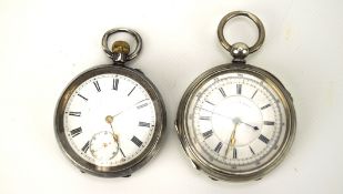 Two 19th & 20th century white metal pocket watches, both with white enamel dials,