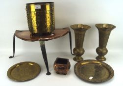 An assortment of metalware, to include a pair of hammered engraved brass vases,