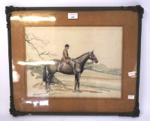 A pencil and watercolour scene depicting a gentleman on horseback,