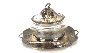 A Juventa Art Nouveau white metal and glass preserve dish, cover and a spoon,