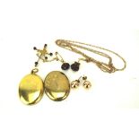 An assortment of gold and yellow metal jewellery, comprising a pair of garnet set earrings,